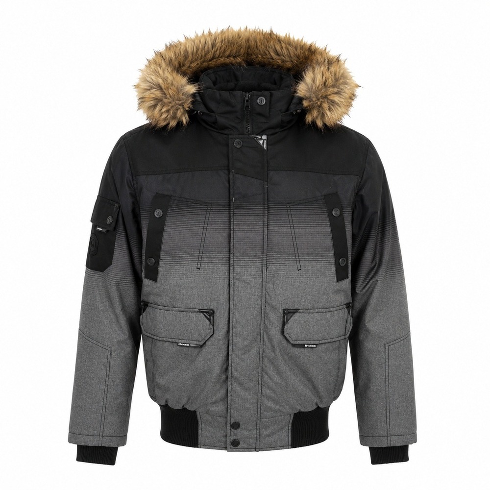 NOIZE Mens XL Danshore‎ Grey Faux Fur Hooded Insulated Bomber Jacket Winter